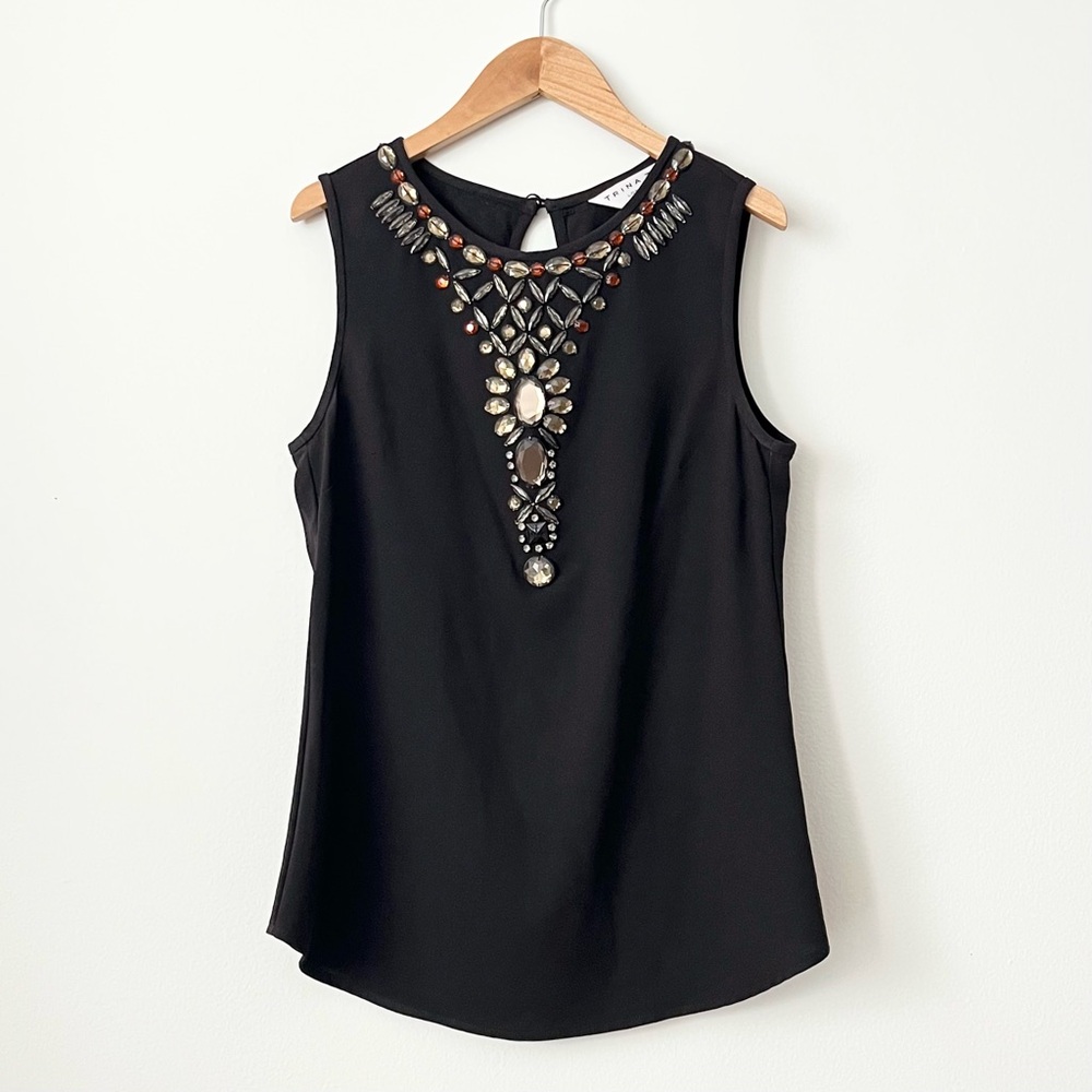 Trina Turk Women's Sleeveless Top Jeweled Rhinestones XS Black Elegant Evening